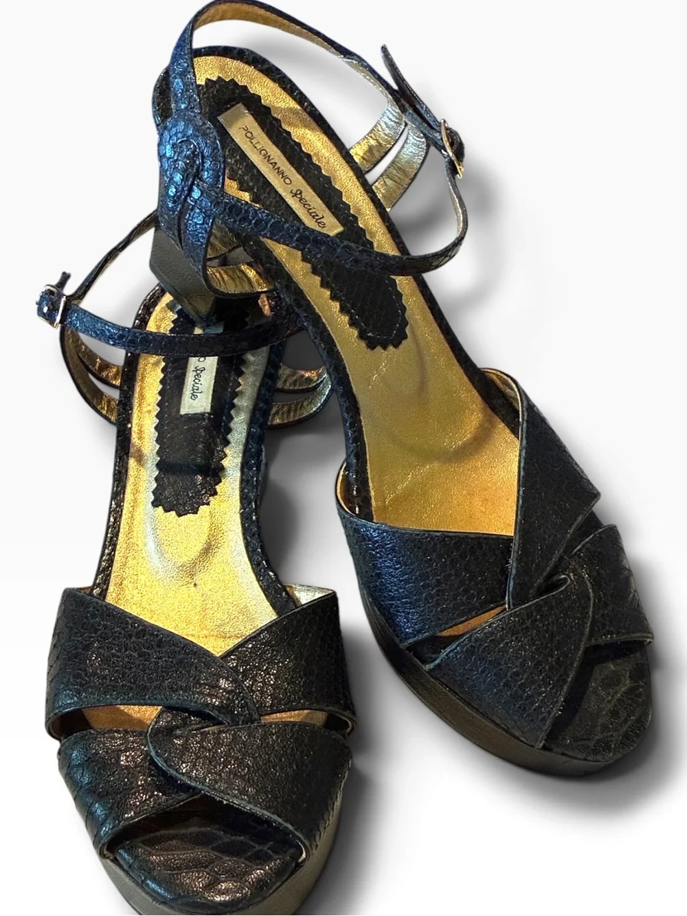Pollignano Speciali snakeskin platform sandals, front knot, ankle strap. Sz8